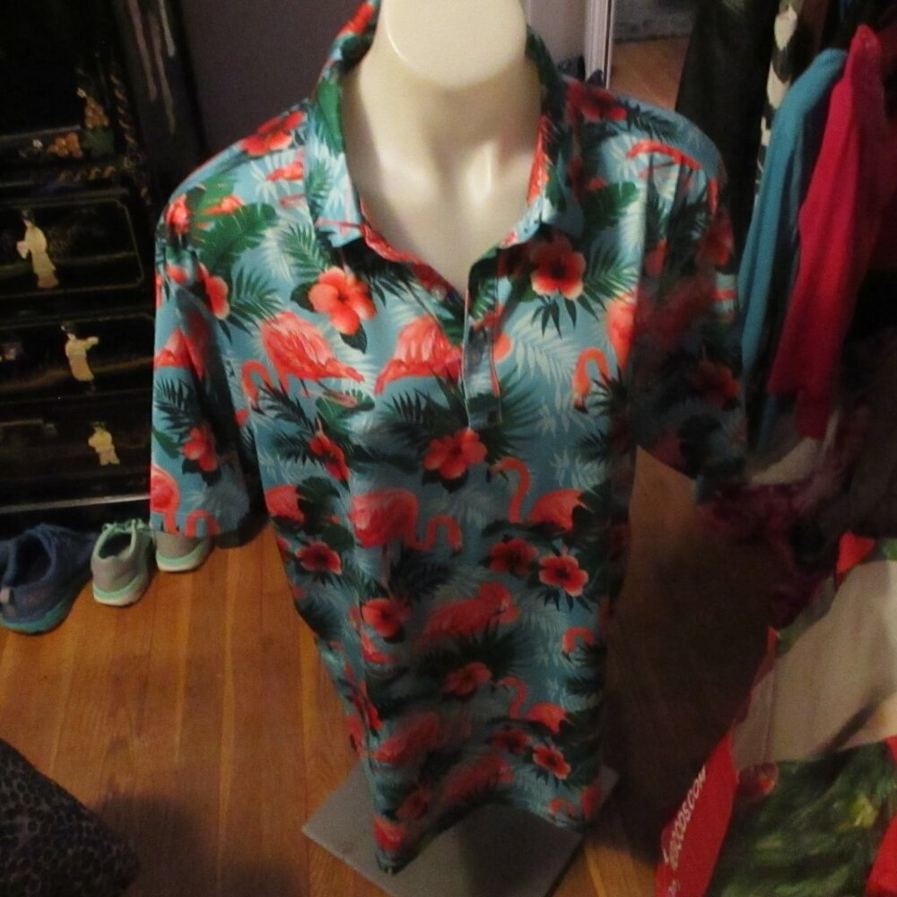 YATTA MEN'S POLO SHIRT WITH FLIMINGOS  3 BUTTON WORN TWICEE